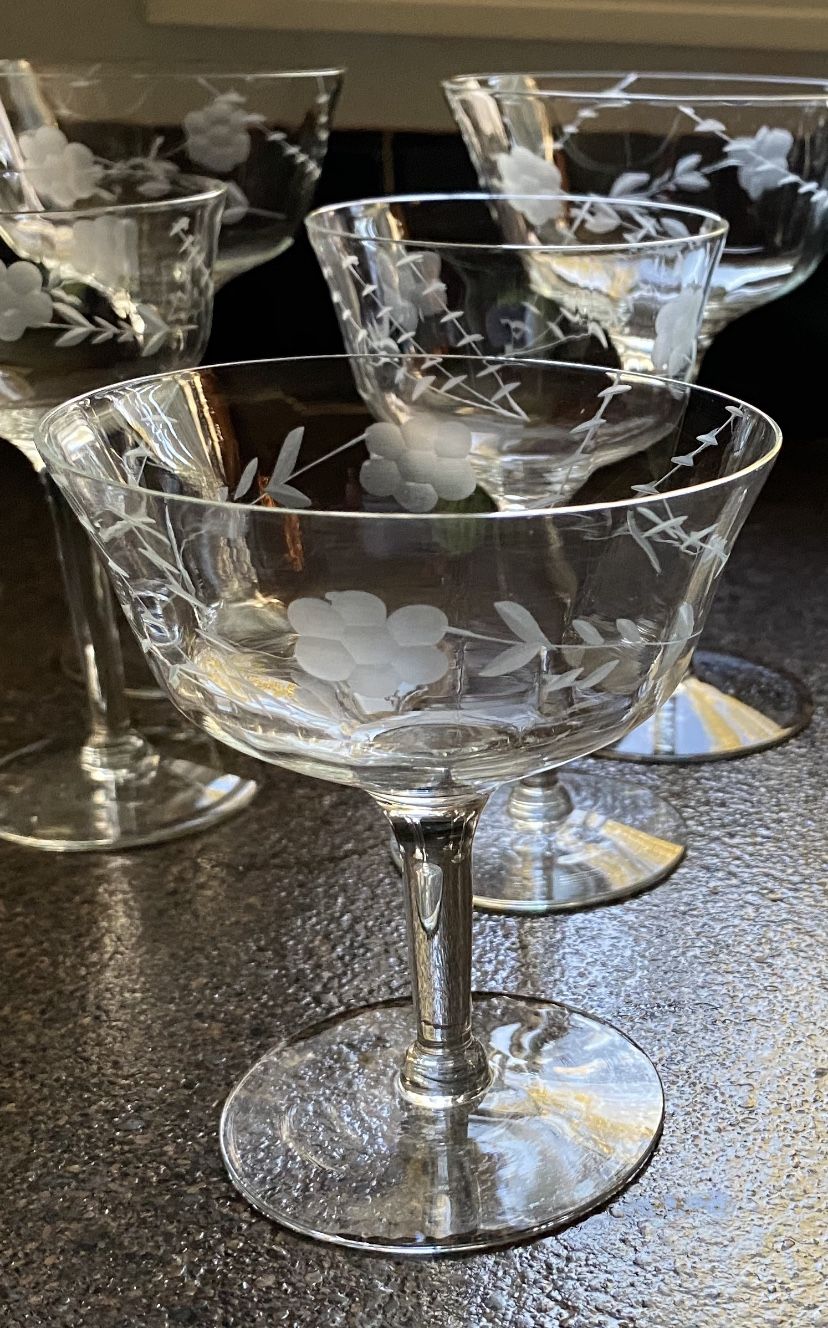 Matching Set of 16 Antique Etched Glasses