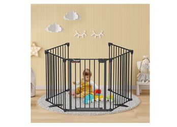 Kfvigoho Baby Gate 27.5"-129" Extra-Wide Playpen, Play Yard Child Safety Fence, Dog Gate with Auto-Close Door, Double Locking System for Fireplace, Fo