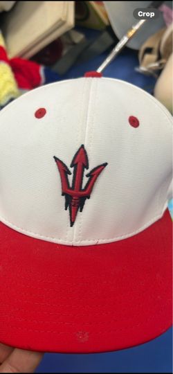 Arizona State Sun Devils snapback hat featuring their iconic maroon and gold pitchfork logo on a white crown with a red flat brim.