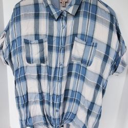 COMO VINTAGE Womens 2X Plaid Print Knot Front Button Up Short Sleeve Top Blue
