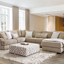 SECTIONAL LIGHT BROWN CHENILLE REVERSIBLE ZIPPERED CUSHIONS (F) $2149 OTTOMAN SOLD SEPARATELY 