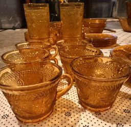 Vintage Amber Glassware Set – Plates, Cups, Glasses, and Salad Bowl