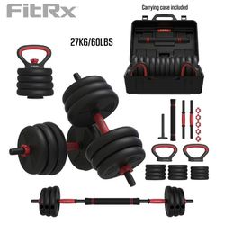 FitRx SmartBell Gym, 60 lbs. 4-in-1 Adjustable Interchangeable Dumbbell, Barbell, and Kettlebell set