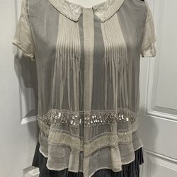TwinSet Simona Barbieri Silk Top, Sequins and Beads Adorned, Plisse Hem, S