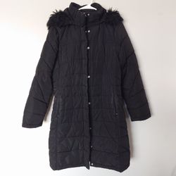 Calvin Klein Coat Women's Faux-Fur-Trim Hooded Puffer Bib Zip Black Medium