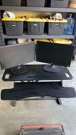 Sit stand computer desk converted with two LG monitors