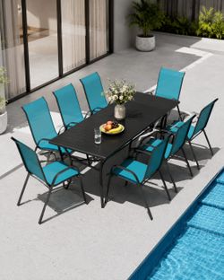 9 Piece Outdoor Table and Chairs for 6, Patio Dining Set with 63 Inch Wood-Grain Metal Trable and 1.97" Umbrella Hole, 8 Ergonomic Chairs, 350 lbs Cap