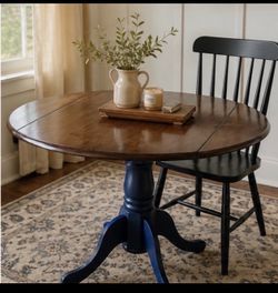 Refinished Solid Wood Drop-Leaf Table – Navy & Dark Walnut Finish