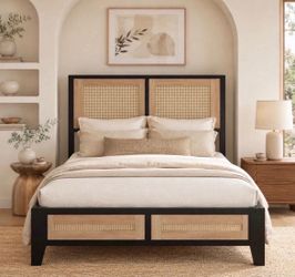Full Size Rattan Bed Frame with Headboard, Boho Metal Platform Bed.