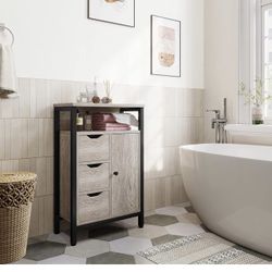 Industrial Bathroom Floor Cabinet, Freestanding Wooden Organizer, Multiple Tiers Storage Cabinet with 3 Drawers, 1 Door & Adjustable Shelf for Living 