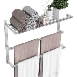 Towel Racks for Bathroom, 24 in Towel Shelf with Double Towel Bar, Stainless Steel, Brushed Nickel New