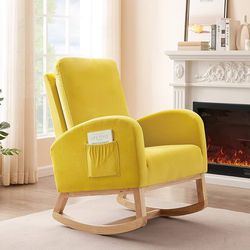 Rocking Chair for Nursery, Midcentury Modern Accent Rocker Armchair with Side Pocket, Upholstered High Back Wooden Rocking Chair for Living Room Baby 