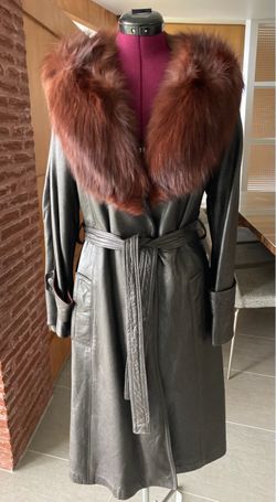 Knee length red Fox fur collar brown leather wrap coat