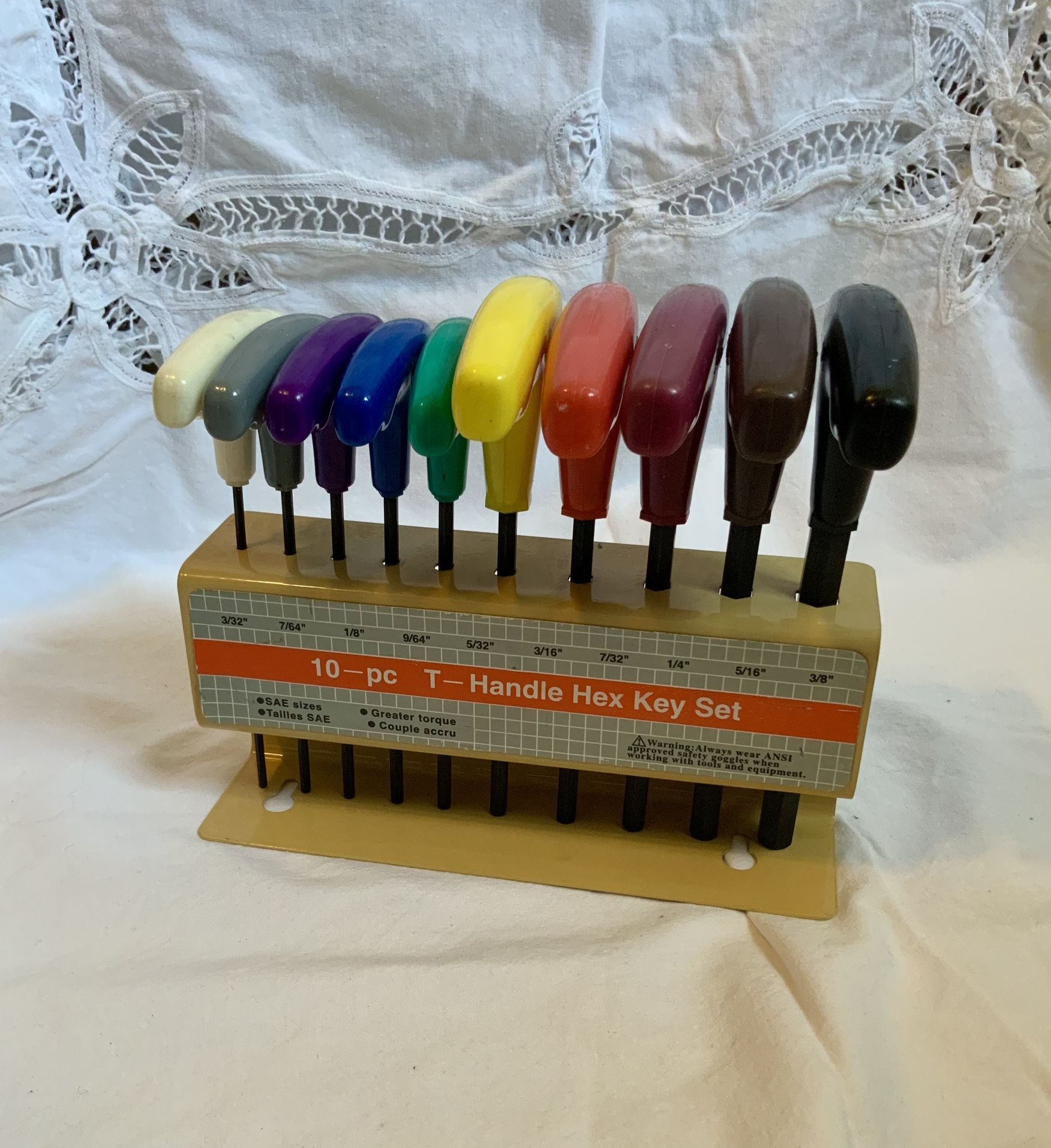 10pc SAE 3/32” to 3/8” Colored T-Handle Hex Allen Wrench Key Set w/ Metal Holder