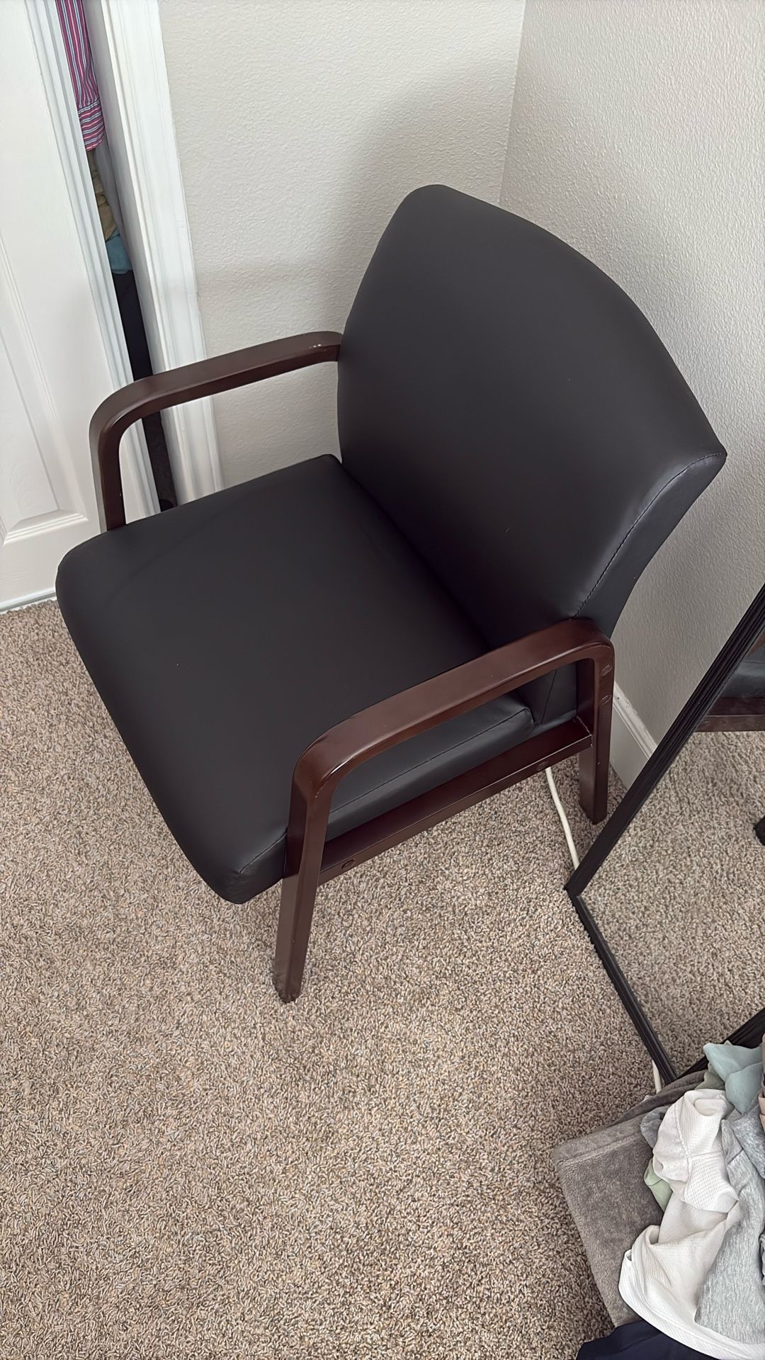 Guest/Office Accent Chair – Black Faux Leather, Wood Arms/Frame