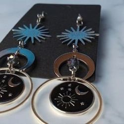 Sun Burst and Moon Celestial Earrings With Celestial Coin Medallion