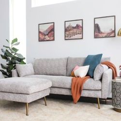 MODERN GREY FABRIC COUCH, LOUNGE CHAIR, AND OTTOMAN WITH 4 MATCHING PILLOWS.