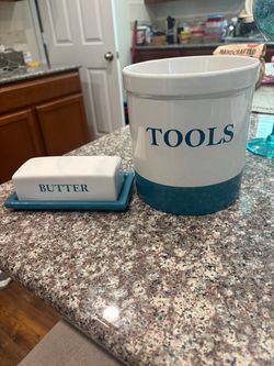 Ceramic Butter Dish and Tools Crock Set