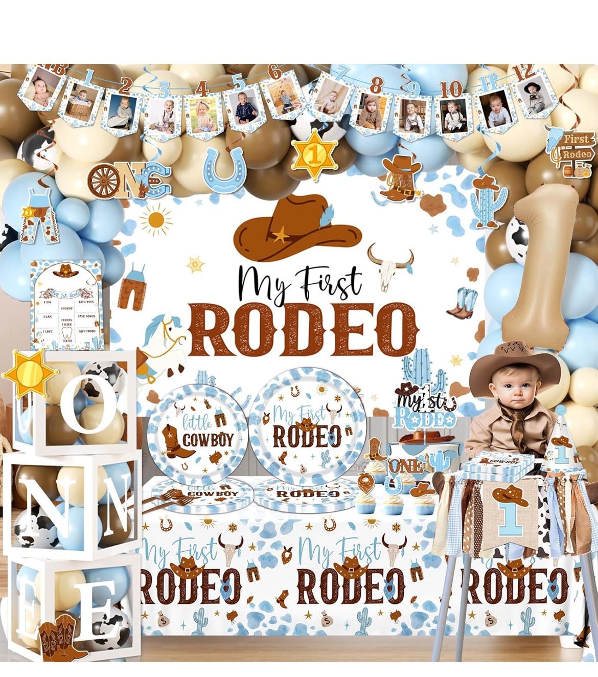 New My First Rodeo Decorations Boy-239Pcs Cowboy Blue and Brown Balloon Arch Garland Kit with Tableware,Backdrop,Balloon Boxes for Boy 1st Birthday Pa