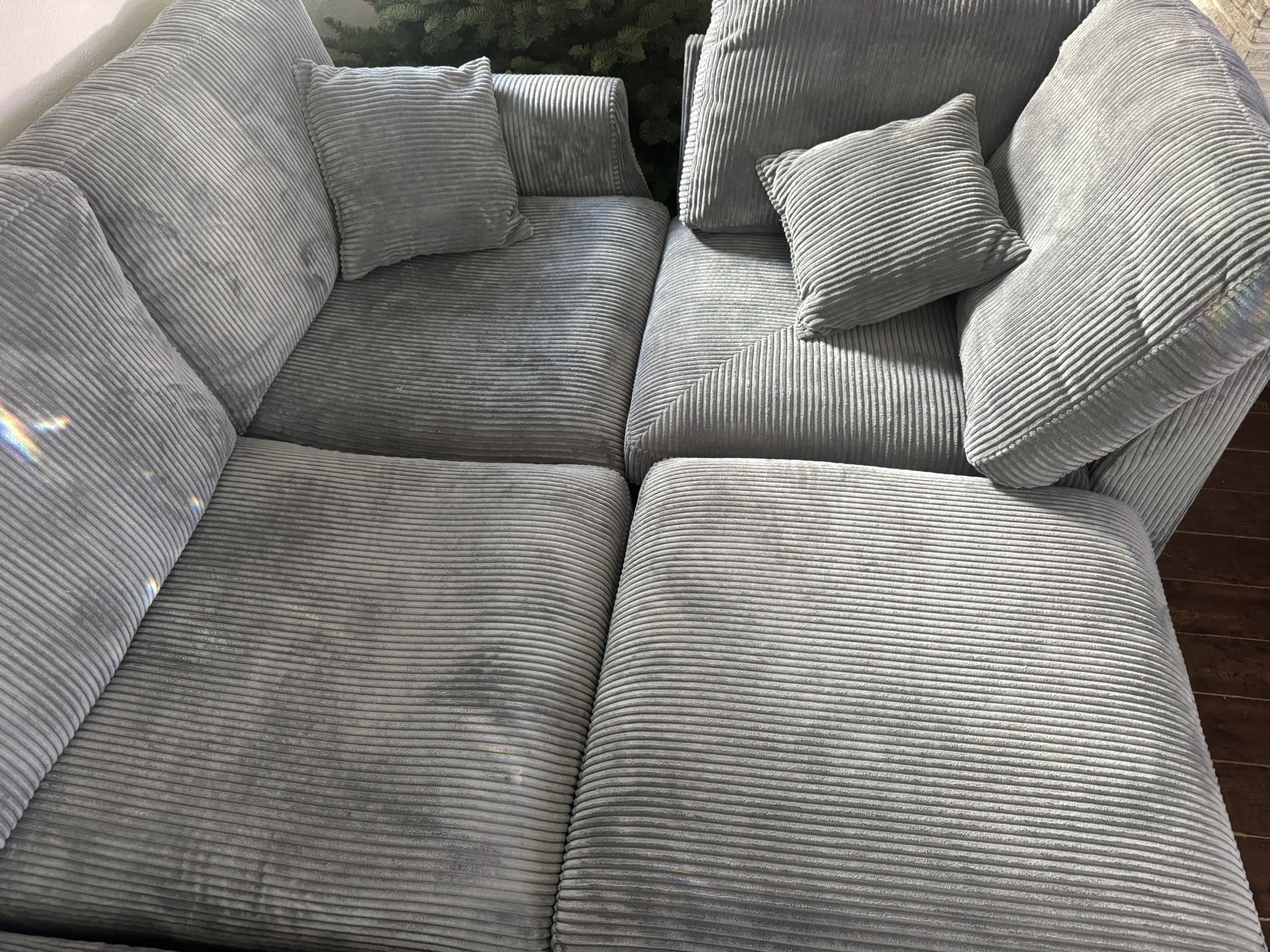 Two Seater Loveseat + Corner Wedge And Ottoman With Two Couch Pillows