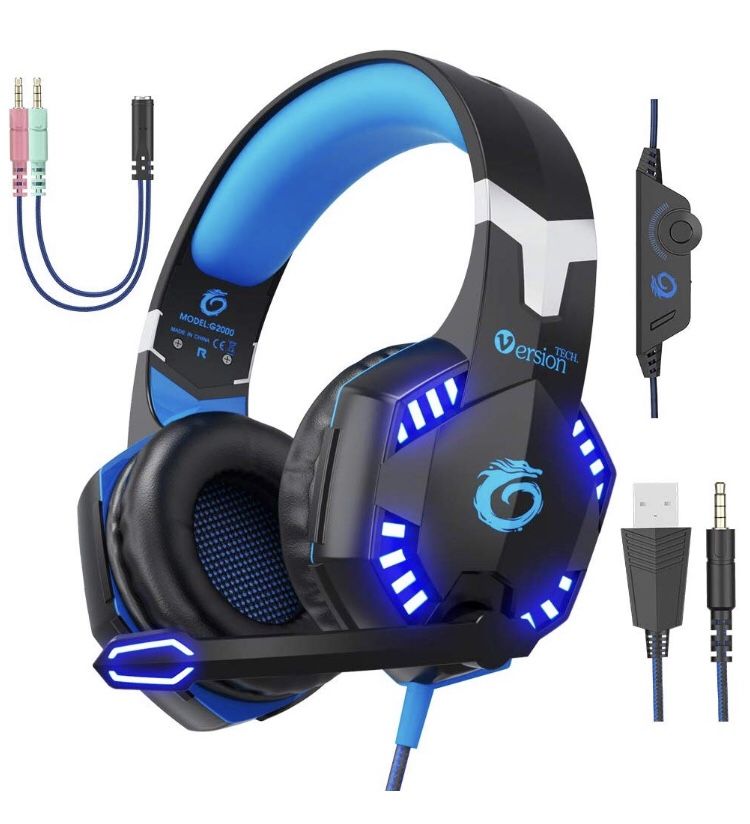 Brand new G2000 Pro Gaming Headset PS4 Xbox One Wired Headphones with 3D Surround Sound, HD Microphone, Volume Control, LED Lights, Compatible with P