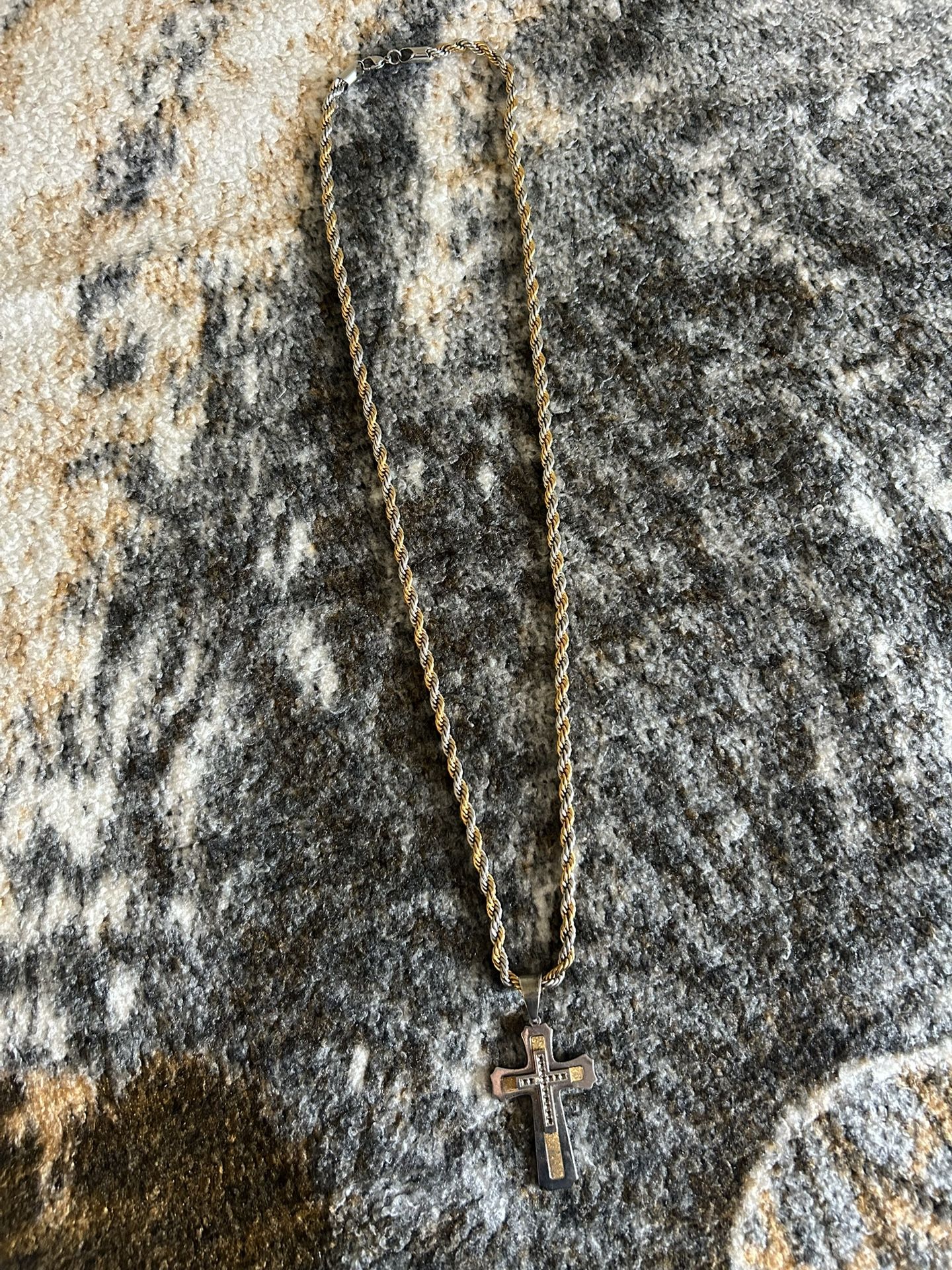 men's religious two-tone stainless steel cross pendant and chain