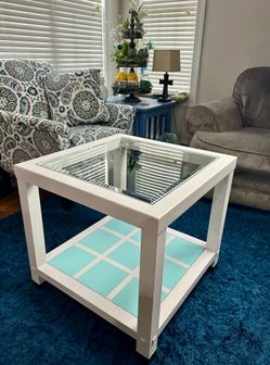 White And Turquoise Glass Top End Table