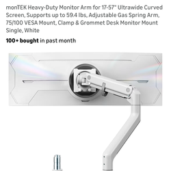 monTEK Heavy-Duty Monitor Arm – Adjustable Gas Spring for 17–57” Screens, Supports 59.4 lbs, VESA 75/100, Clamp & Grommet Mount