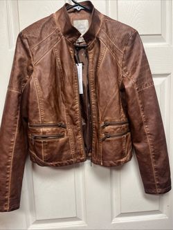 NWT Stoosh Womens Light Brown Tobacco Moto Full Zip Faux Leather Jacket Size S
