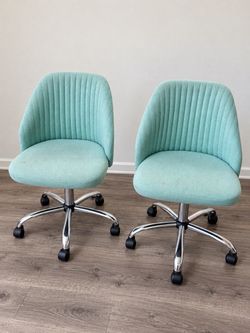 Mint Aqua Upholstered Swivel Chairs — Matching Pair — $110