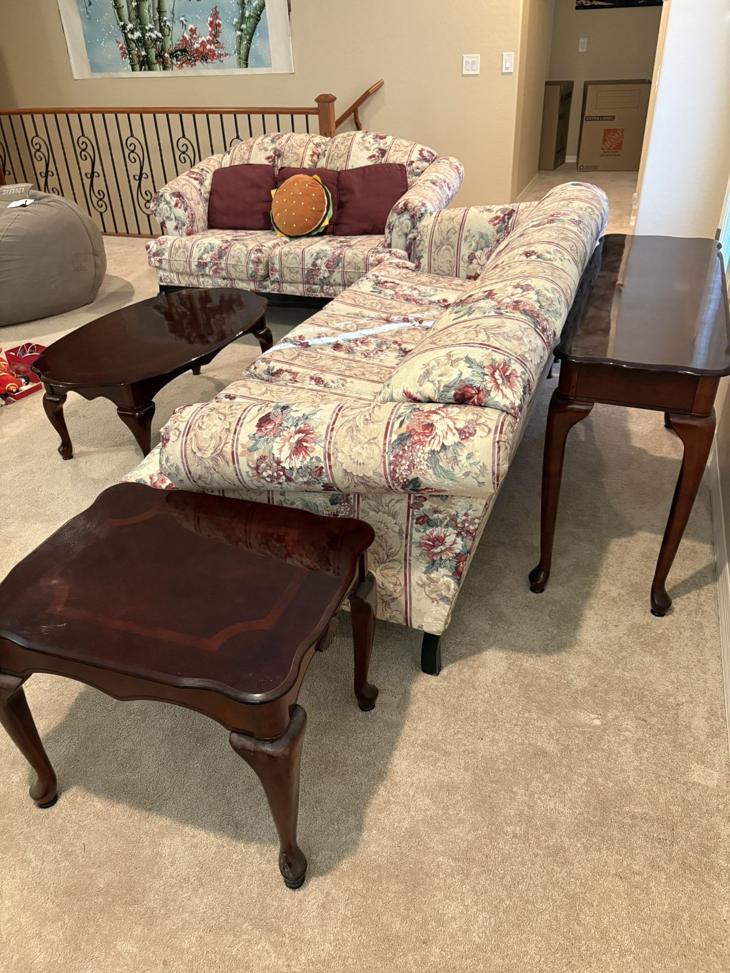 Sofa and Loveseat with Cherry Front, Back and Two End Tables