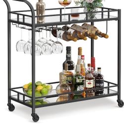 VASAGLE Bar Cart Black, Home Bar Serving Cart, Wine Cart with 2 Mirrored Shelves, Wine Holders, Glass Holders, for Kitchen, Dining Room, Black ULRC090