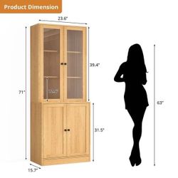 71'' Tall Bookcase with Glass Doors, 3-Tier Display Bookshelf,5-Tier Storage Cabinet for Home Office Living Room,Wood