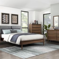 4 PIECE QUEEN / KING SIZE BEDROOM SET BED DRESSER NIGHT STAND MIRROR MID CENTURY MODERN