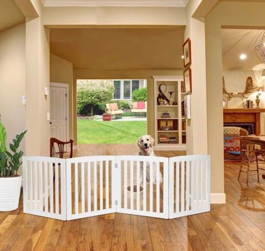 24 Inch Pet Dog Gate, Foldable Freestanding Dog Door 4 Panel, White Wooden Z Shape Step Over Pet Fence for Entryway, Stairs, Doorway, White