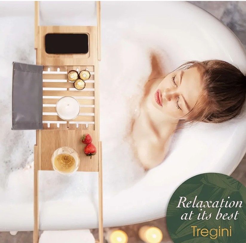 Luxury Bathtub Tray Caddy - Adjustable Bamboo Wood Bath Caddy with Extendable Book, iPad or Kindle Reading Rack - Wine Glass Holder - Cellphone or Tab