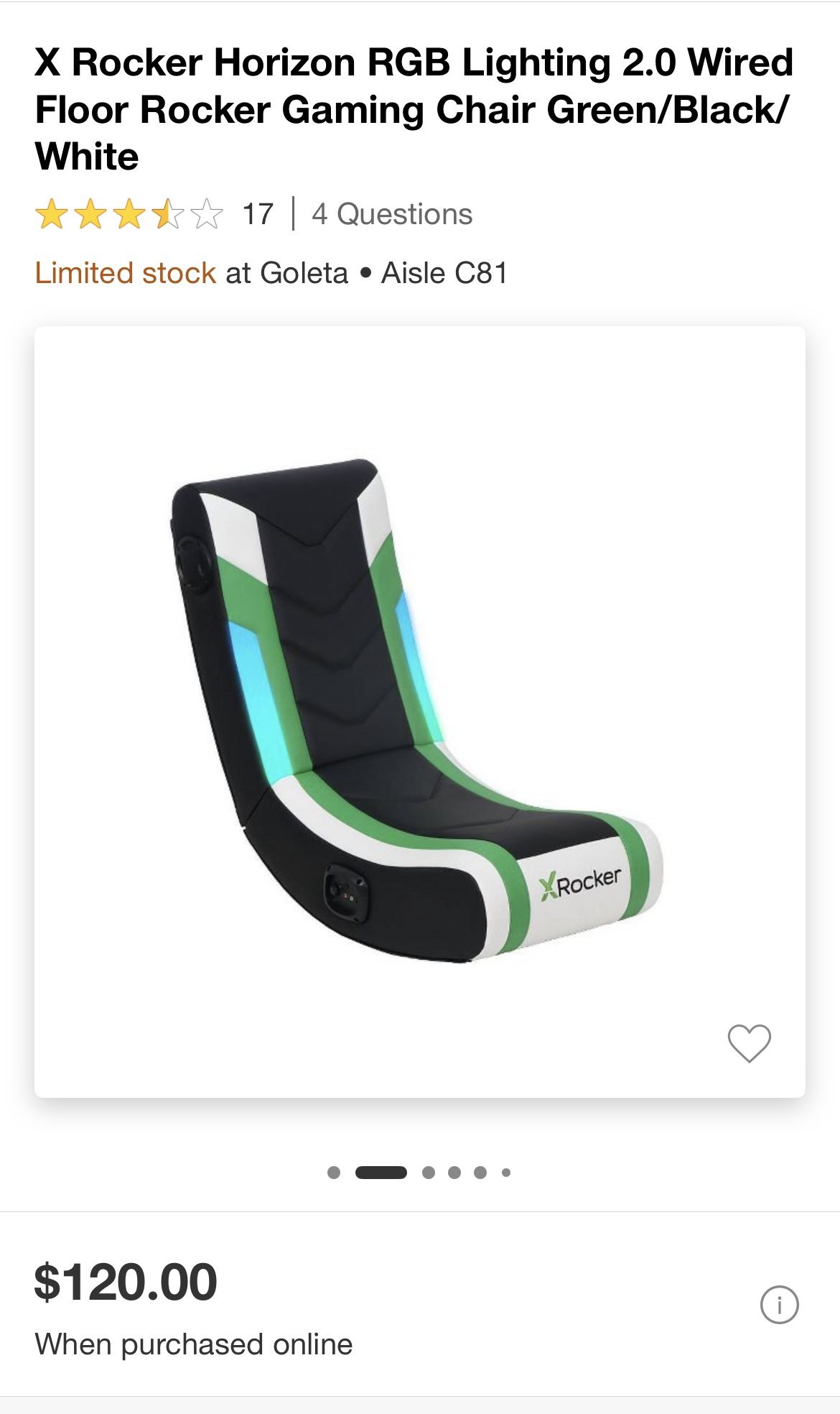 X Rocker Horizon RGB Lighting 2.0 Wired Floor Rocker Gaming Chair Green/Black/ White