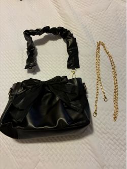 Black Ruched Handbag with Satiny Bow (including a detachable ruched handle and gold chain)