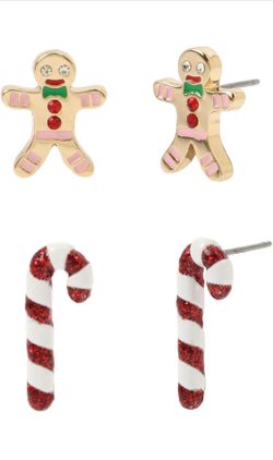 Betsey Johnson Christmas Stud Earrings Set Gingerbread Man and Candy Cane Studs