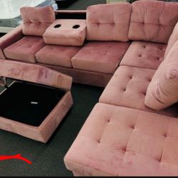 Heights Pink Velvet Reversible Sectional with Storage Ottoman /couch 