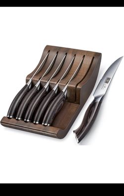 Steak Knives Set of 7, 4.5 Inch Serrated Steak Knife Set with Block, Japanese