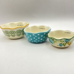 Pioneer Woman Set of 3 Beautiful Nesting Measuring Cups 1/2,1/3 & 1/4 ~ 1/3 is cracked but Usable 