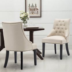 Fabric Upholstered Dining Chairs Button Tufted Nailhead Trim Accent Chair - Beige-1-Piece