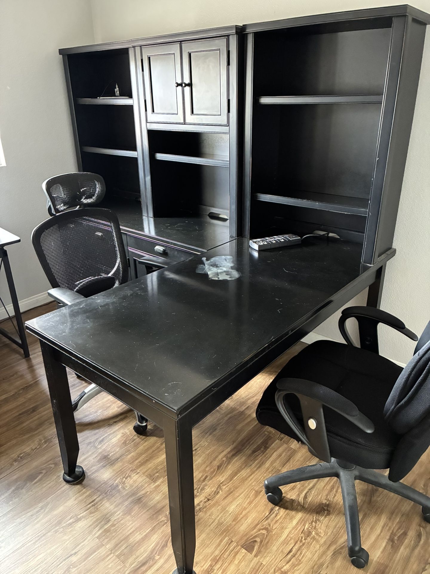 Desk, Bookshelves And Office Chairs