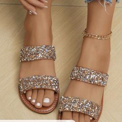 Size 39 /9 Women's Sparkling Glitter Decorated Slippers, Casual Flat Sandals For Summer Beach