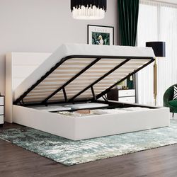 King Size Lift Up Storage Bed/Velvet Upholstered/Modern Wingback Headboard/Upholstered Platform Bed Frame/Hydraulic Storage/No Box Spring Needed/White