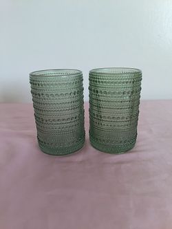 12oz Green Highball Glasses, Set of 2, Thick Beaded Textured Glass