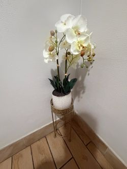 Faux White Orchid in Pot with Gold Stand