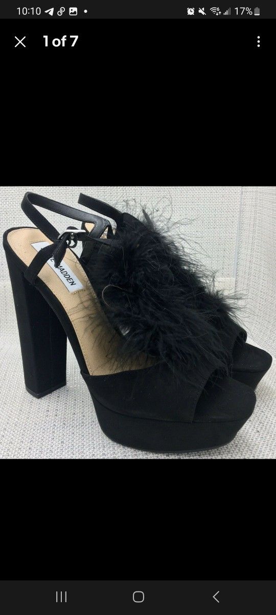 Steve Madden Tricia Black Leather Suede Faux Fur Platinum High Heels Size 6.5