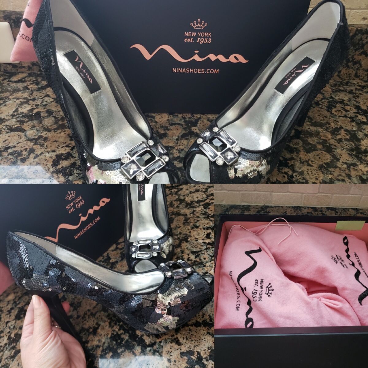 Nina New York Black Crystal Sequin Peep Toe Pumps